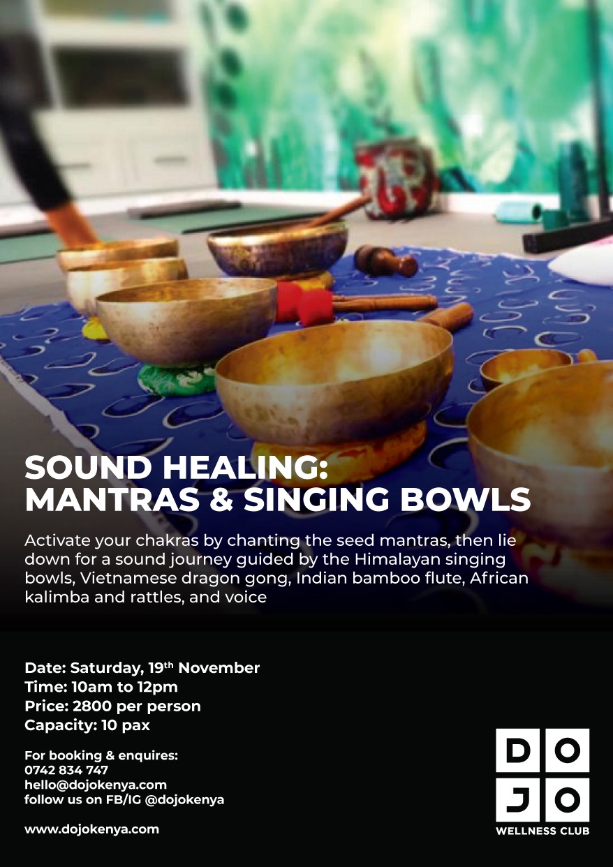poster for sound healing mantras and singing bowls at dojo karen nairobi kenya